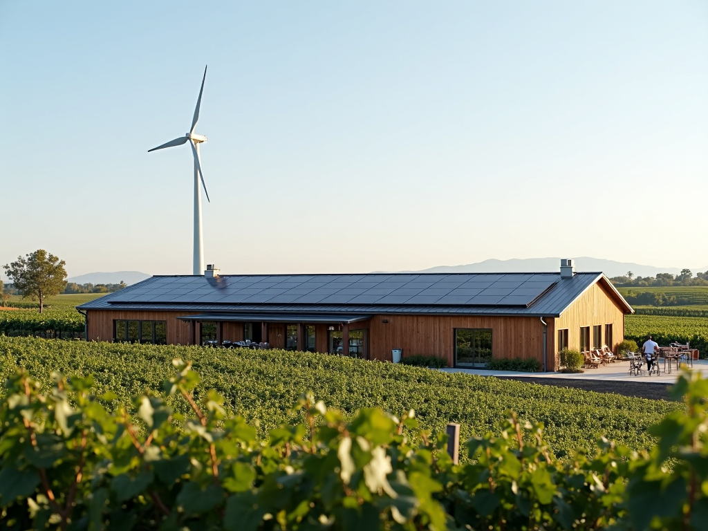 Winery with solar panels and wind turbine