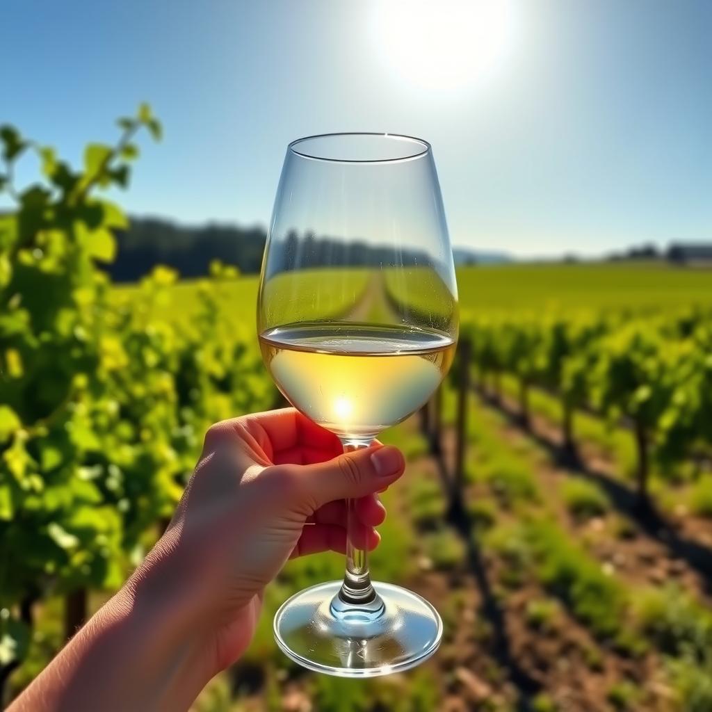 Hand holding a glass of Chardonnay in a Sonoma County vineyard