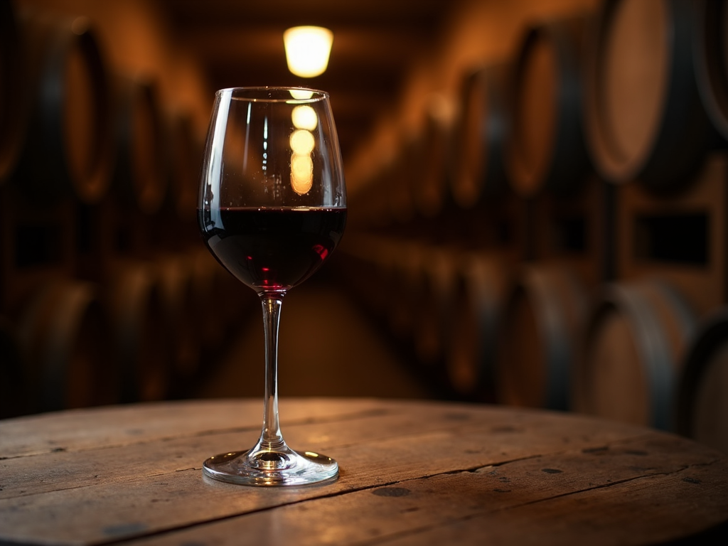 Wine glass with red wine in a cellar