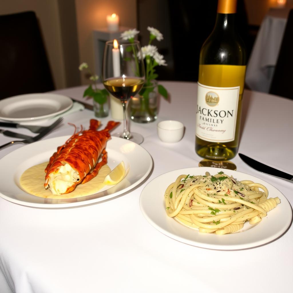 A dining table with grilled lobster, creamy pasta, and a glass of Jackson Family Wines Chardonnay, lit by soft candlelight.