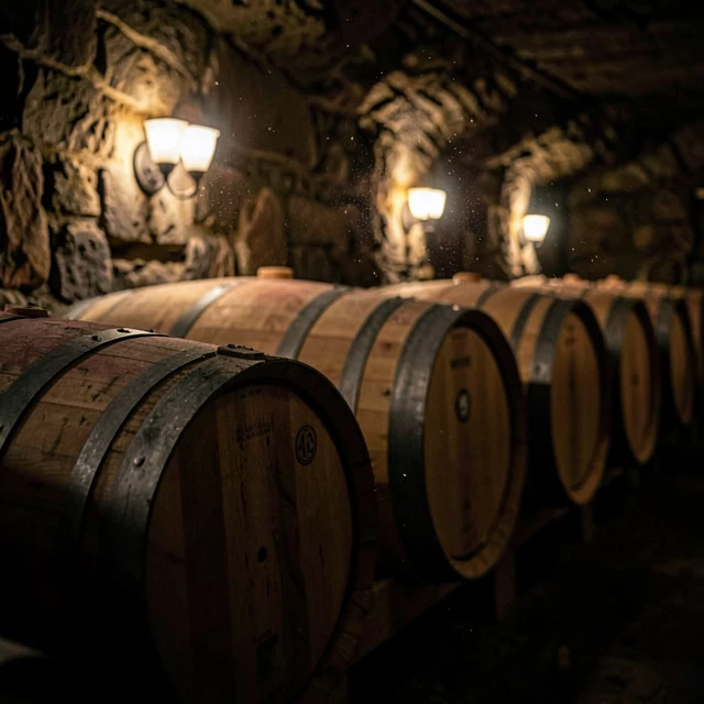 Oak barrels aging wine in a historic cellar