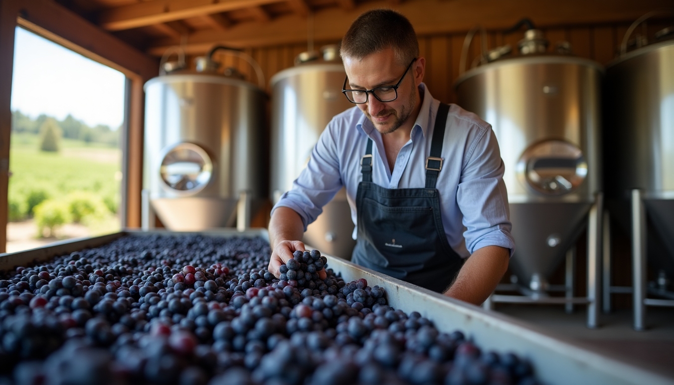 Winemaker sorting grapes in a Sonoma County winery