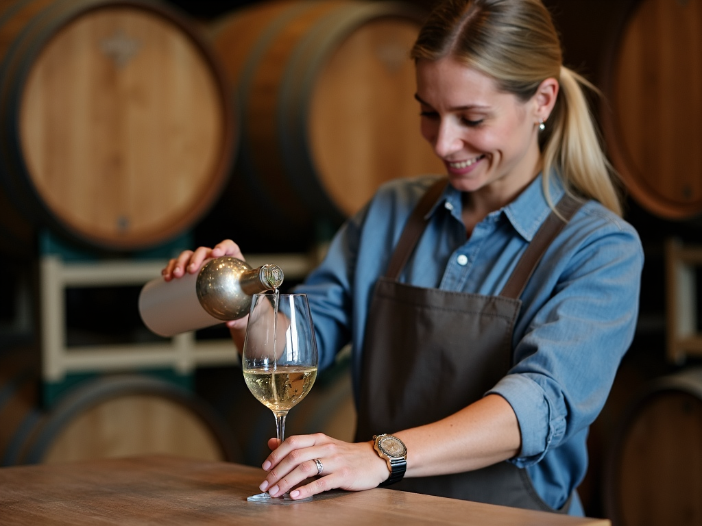 Winemaker pouring white wine in a tasting room