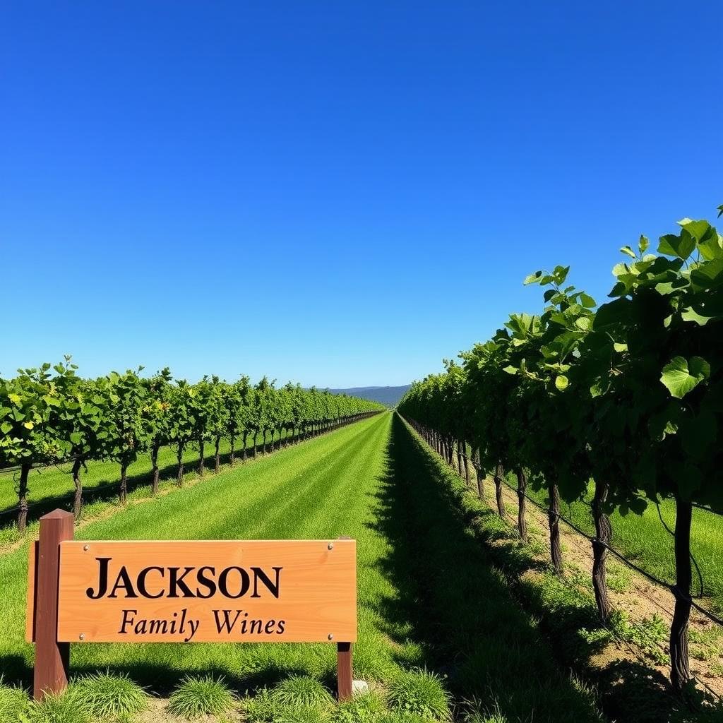 Vineyard with workers harvesting grapes and a Jackson Family Wines sign