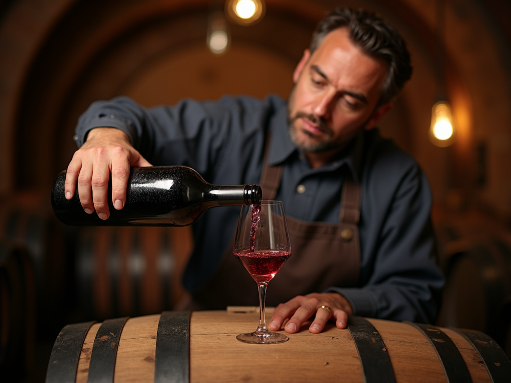 Winemaker pouring red wine from a barrel in a cellar