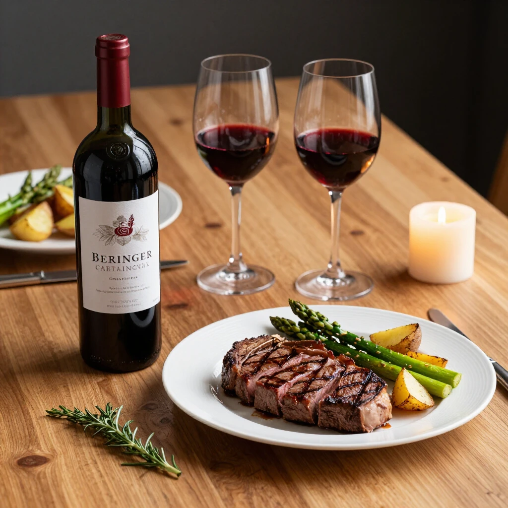 Beringer Cabernet Sauvignon paired with grilled ribeye steak on an elegant dinner table