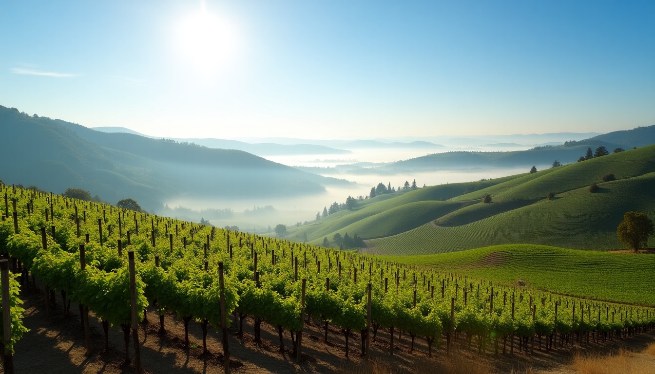 Sonoma County vineyards with hills and morning mist