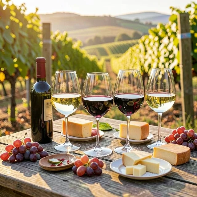Assortment of wine glasses showcasing popular varietals on a vineyard tasting table