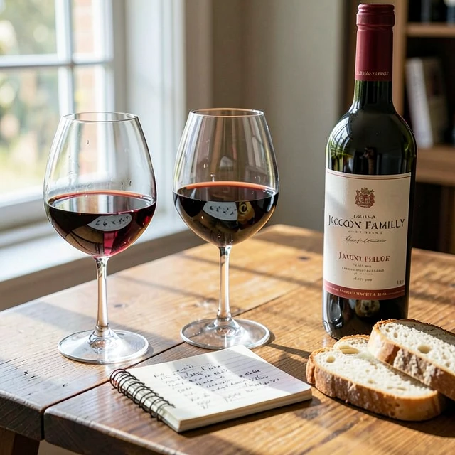 Beginner wine tasting setup with glasses, notebook, and Jackson Family Wines bottle