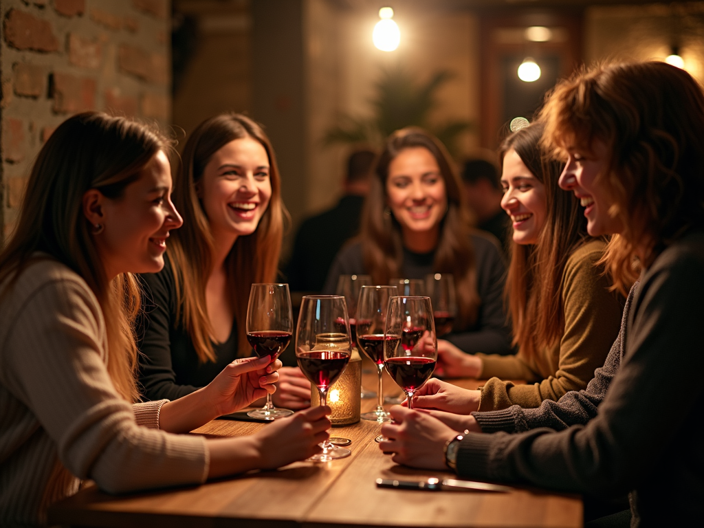 Friends enjoying organic wine at a restaurant.