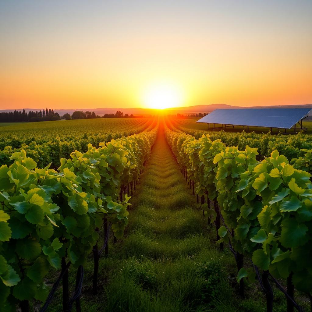 Sunrise over a Jackson Family Wines vineyard with cover crops and solar panels