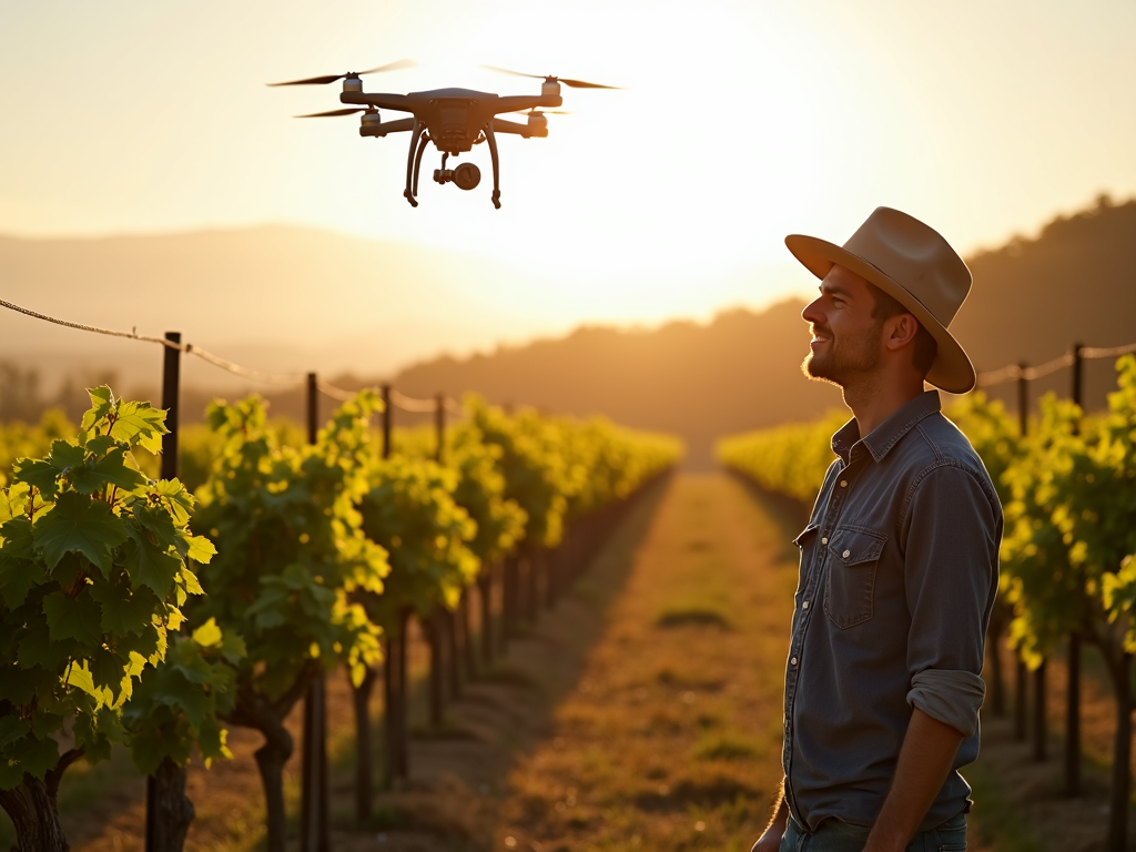 Drone flying over a vineyard for precision viticulture.