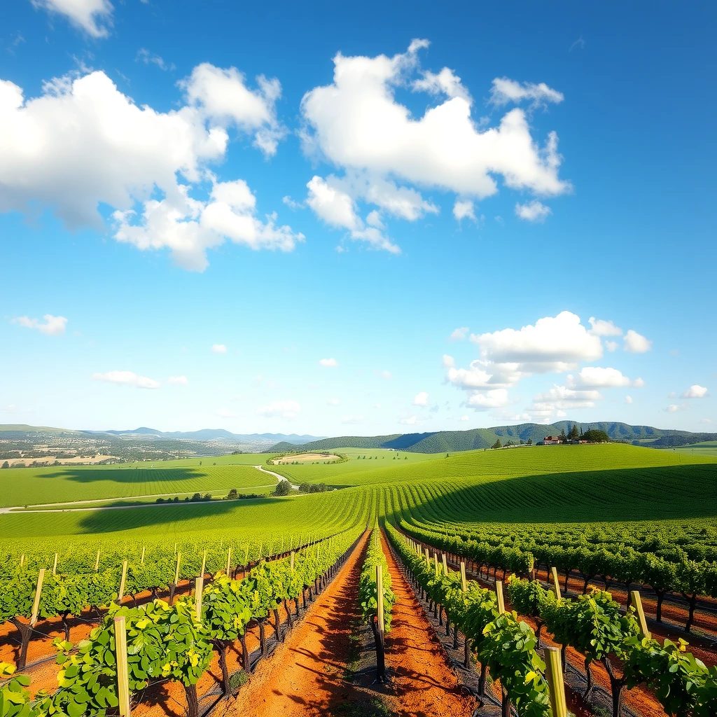 Lush California vineyards in rolling hills under blue sky