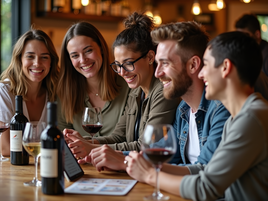 Customers engaging with AI technology at a wine tasting.