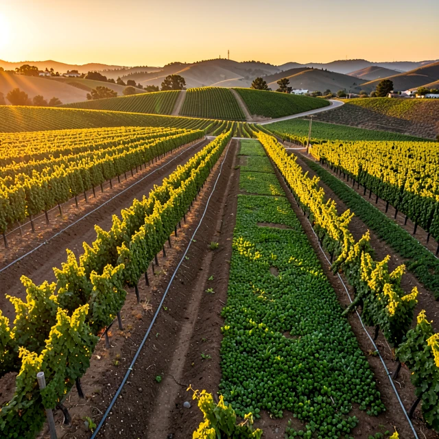 Aerial view of a modern vineyard highlighting conventional and greener farming areas