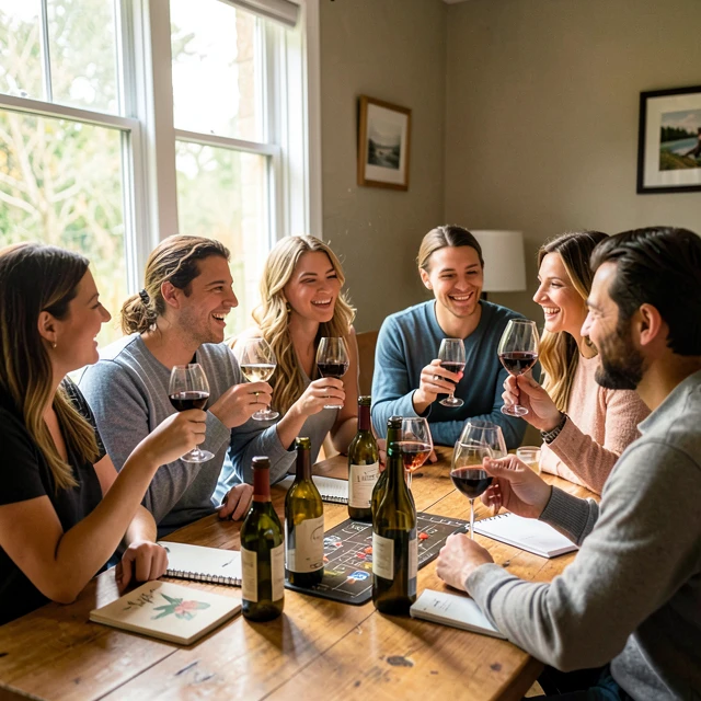Friends enjoying a casual wine tasting at home