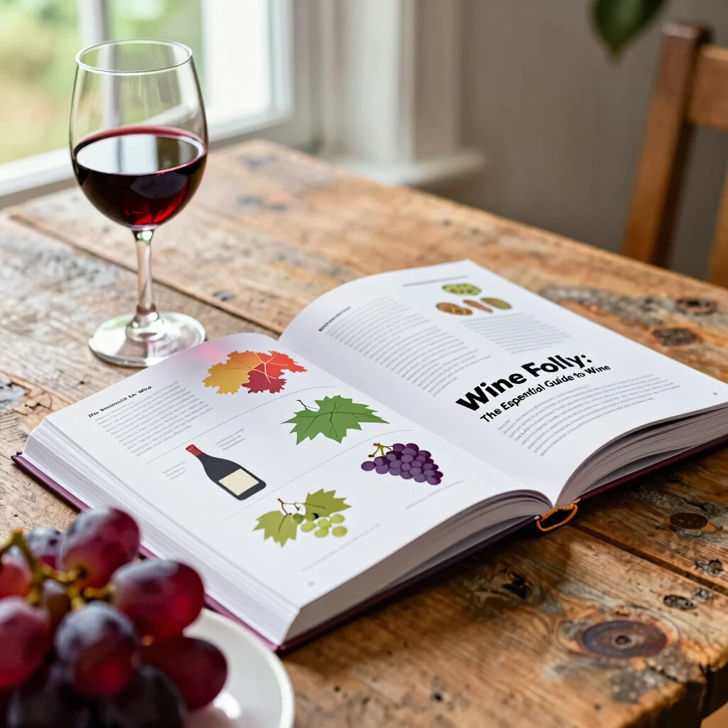 Open Wine Folly book with wine glass and grapes