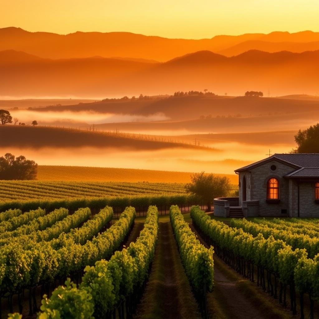 Sunrise over Napa Valley vineyards with a historic stone winery in the foreground