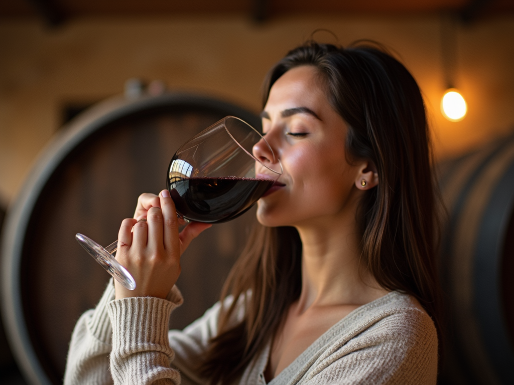Person tasting wine with focus.