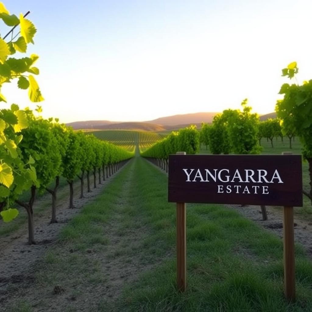 Yangarra Estate vineyard in McLaren Vale at sunrise with a wooden sign