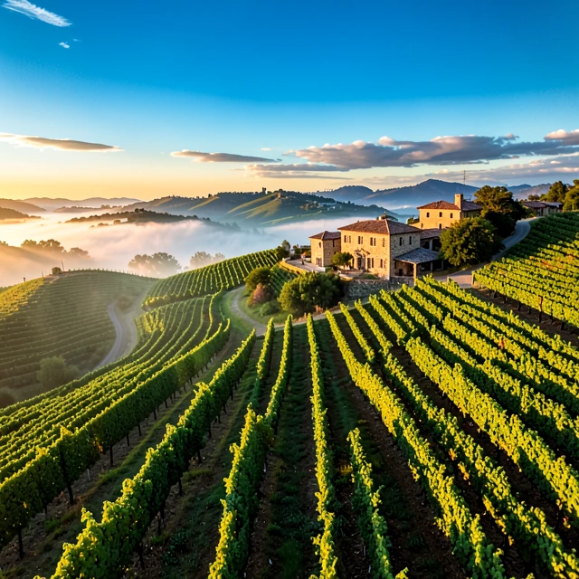 Aerial view of Napa Valley vineyards at sunset with rolling hills and historic winery buildings