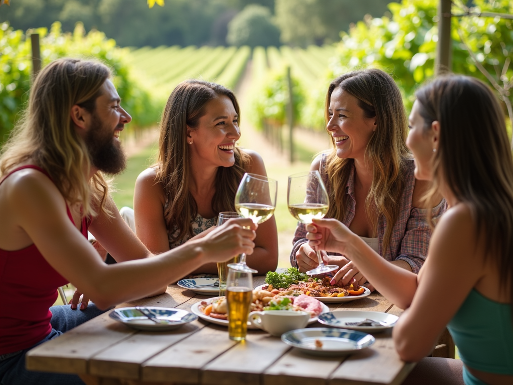 Friends having a great time picnicking at a Sonoma winery.