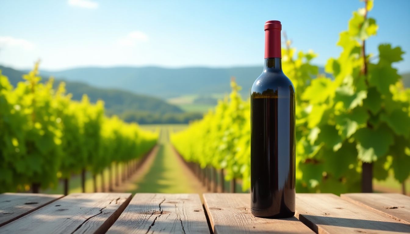 A close-up shot of a bottle of wine on a rustic wooden table, surrounded by vineyard views.