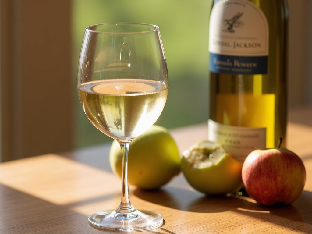 Glass of Chardonnay with bottle and fruit on a table