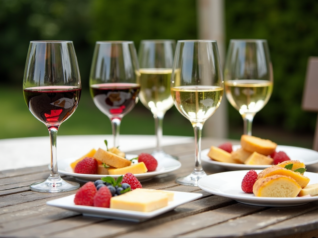 A wine tasting with multiple wines and food samples on a patio, displaying diverse pairings.