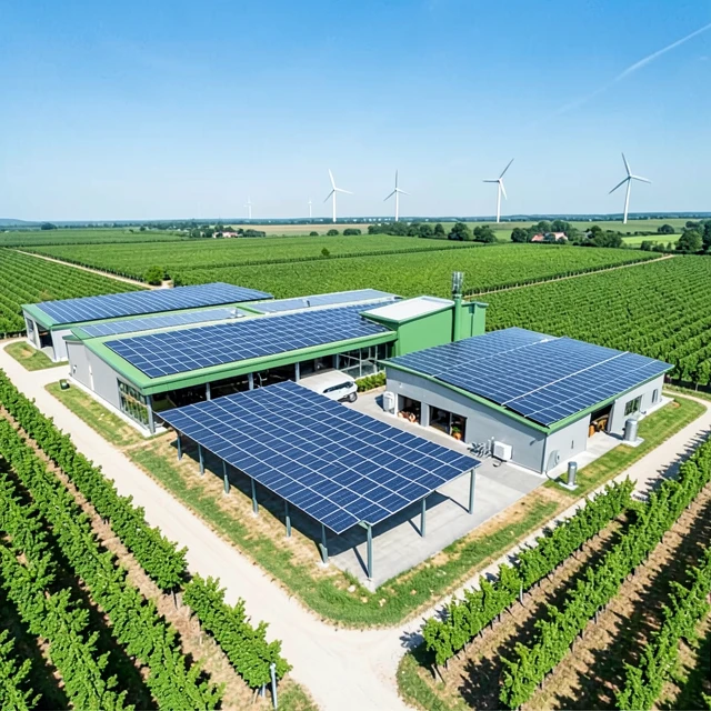 Aerial view of a winery powered by renewable solar energy amid thriving vineyards