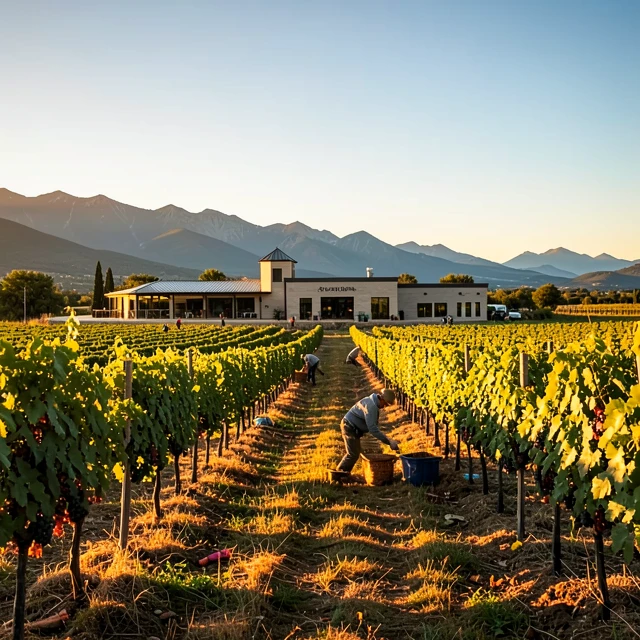 Scenic vineyard and winery at sunset