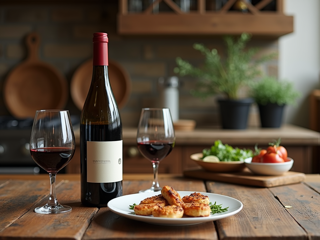 A casual wine and appetizer setup in a kitchen