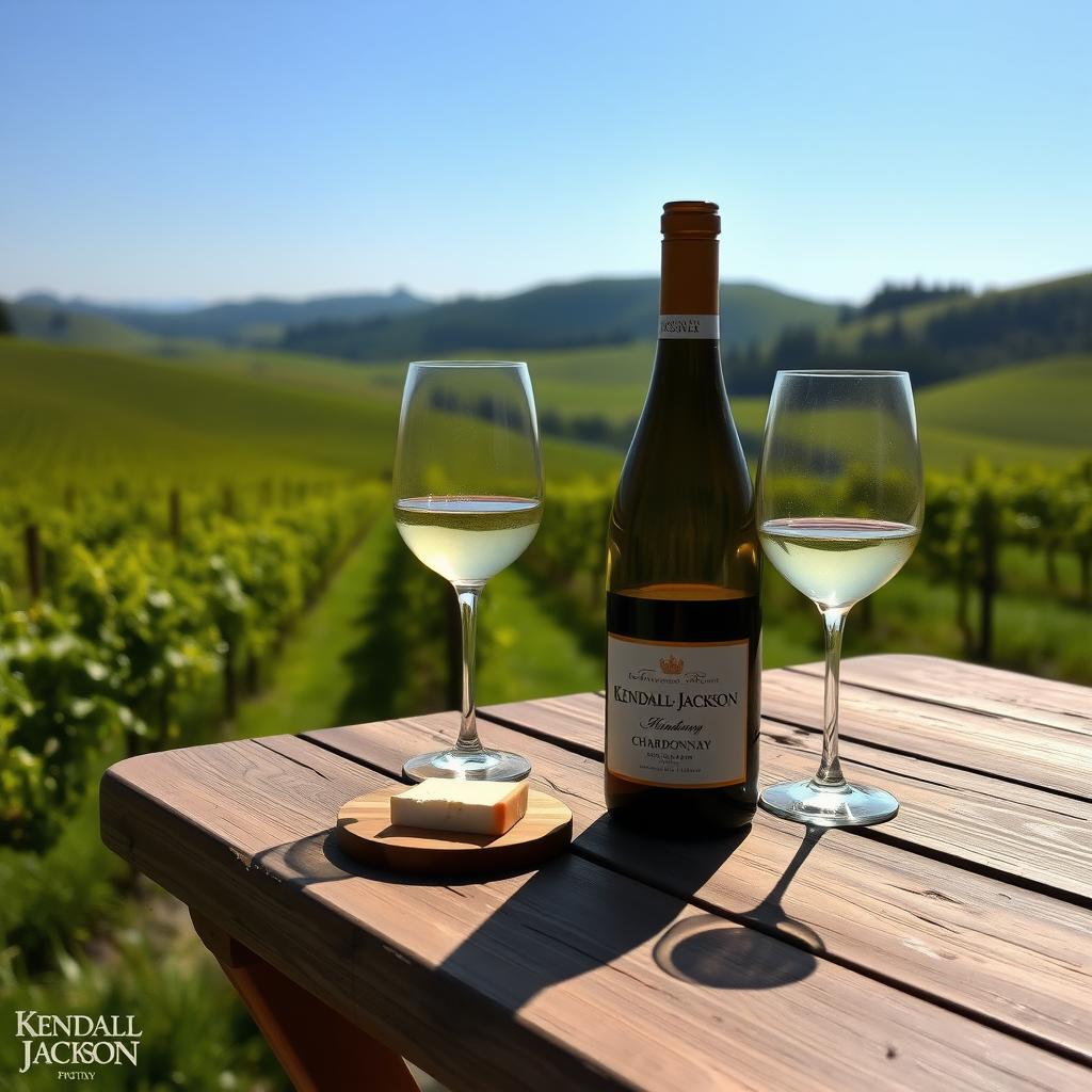 A bottle of Kendall-Jackson Chardonnay and two wine glasses on a wooden table in a sunny vineyard with green hills in the background.