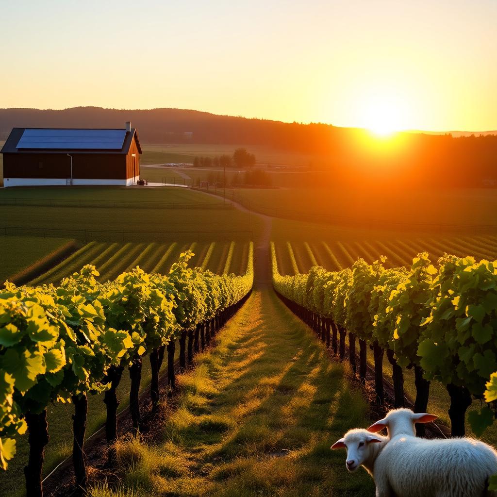 Sustainable vineyard with solar panels and grazing sheep at dawn.