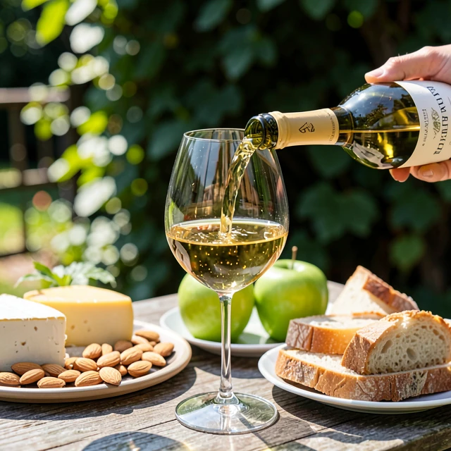 Pouring a glass of California Chardonnay with classic cheese and fruit pairing