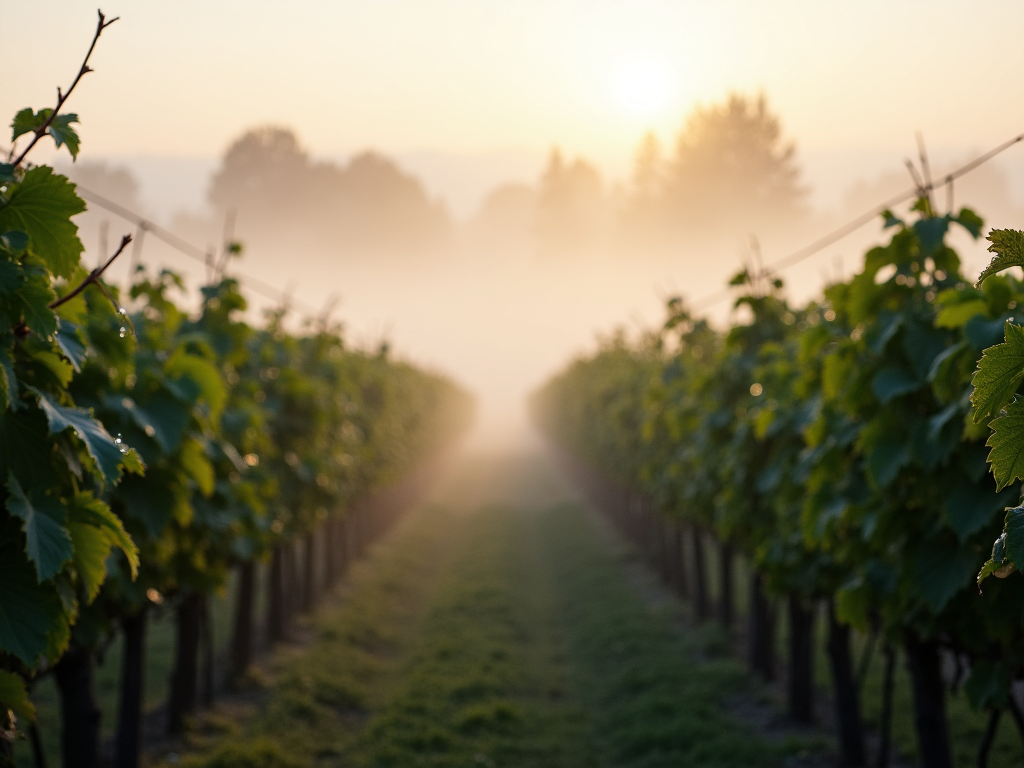 Willamette Valley vineyard in the morning mist
