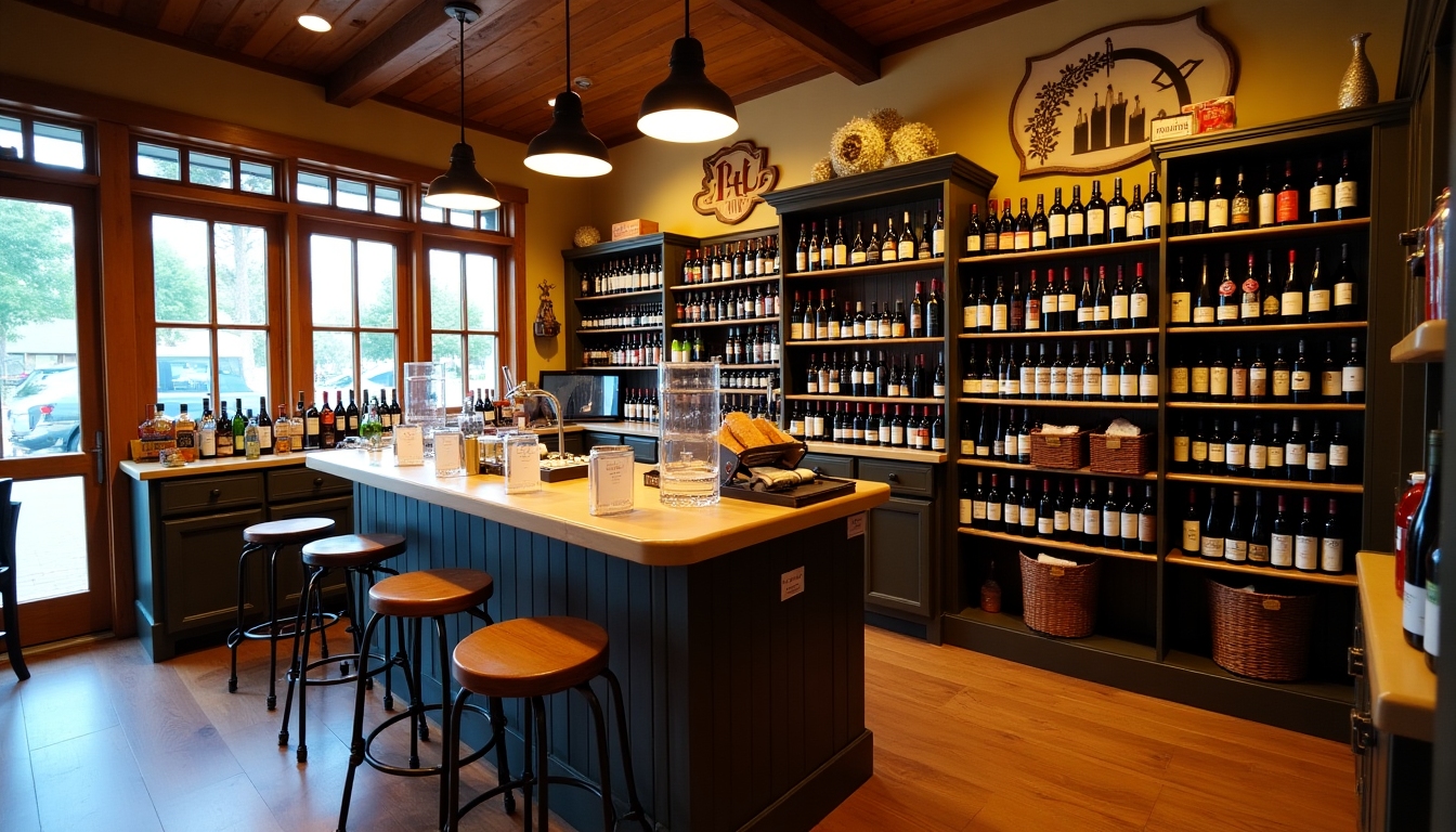 A small, cozy wine shop with shelves filled with diverse wine brands, including Jackson Family Wines prominently displayed.