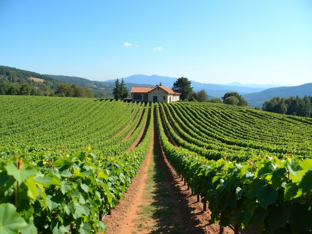 A beautiful organic vineyard with rows of grapevines and a rustic winery in the background.