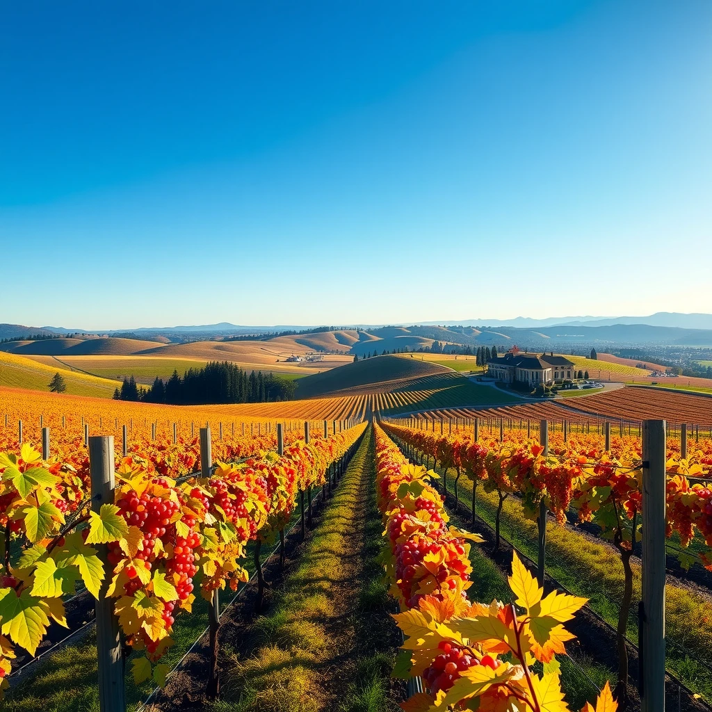 Scenic autumn vineyards in Napa Valley with rolling hills and a winery in the background