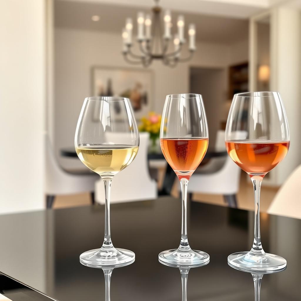Four wine glasses with different wines on a black table in a modern dining room