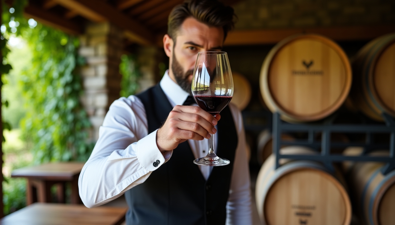 Sommelier tasting a glass of red wine in a rustic winery setting, showing the tasting process.