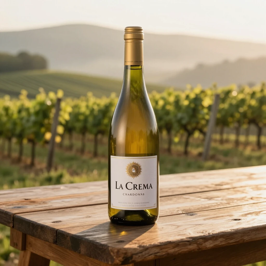 La Crema Chardonnay bottle with vineyard backdrop