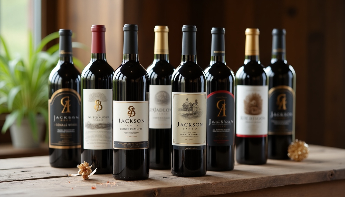 A collection of wine bottles from various Jackson Family Wines brands on a wooden table, illustrating diversity.