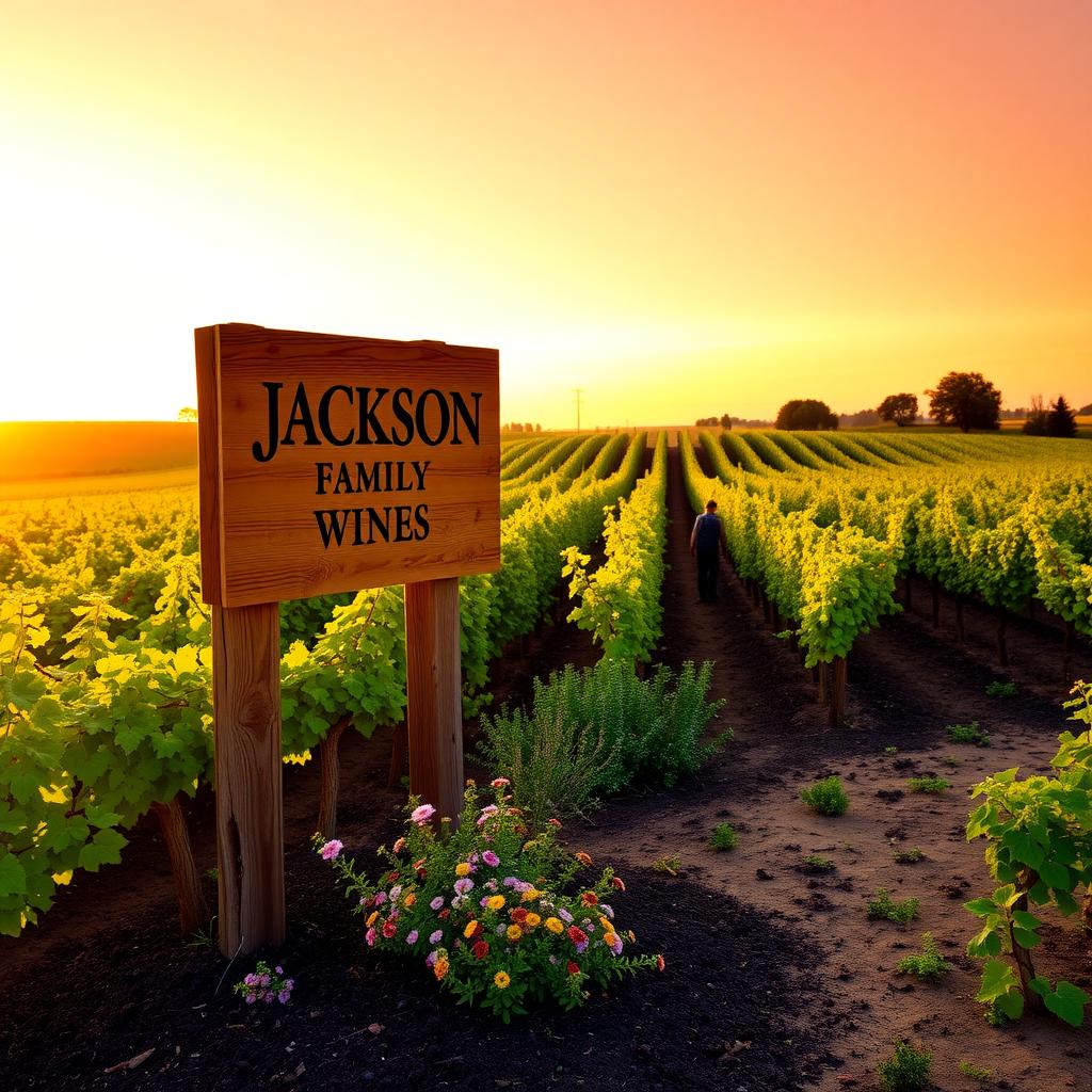 Golden hour at a Jackson Family Wines vineyard with rows of green vines and a rustic sign