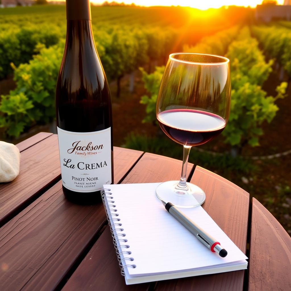 A bottle of La Crema Pinot Noir, a wine glass, and a notebook on a wooden table in a vineyard at sunset.