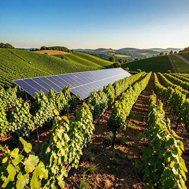Sustainable vineyards with solar panels demonstrating climate action in winemaking