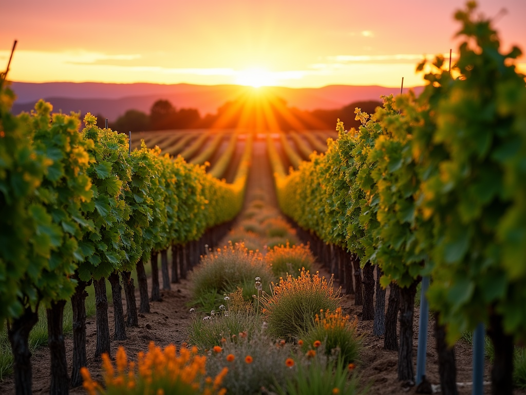 Sunrise over a Sonoma County vineyard with wildflowers among grapevines.