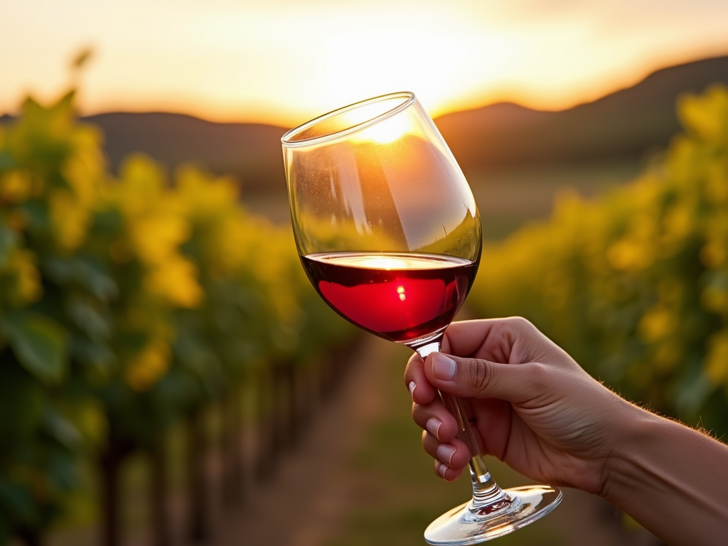 Hand swirling red wine with vineyard in the background