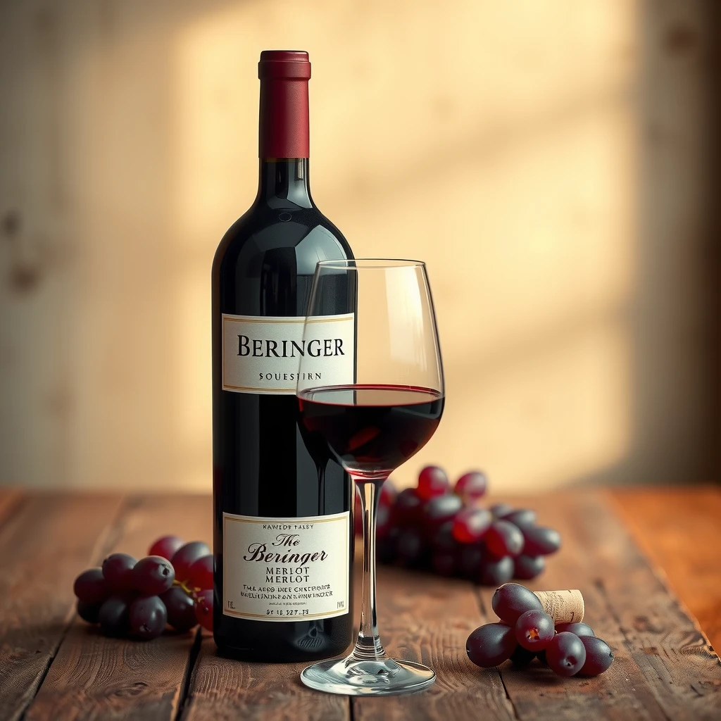 Elegant Beringer Merlot bottle and poured glass on wooden table
