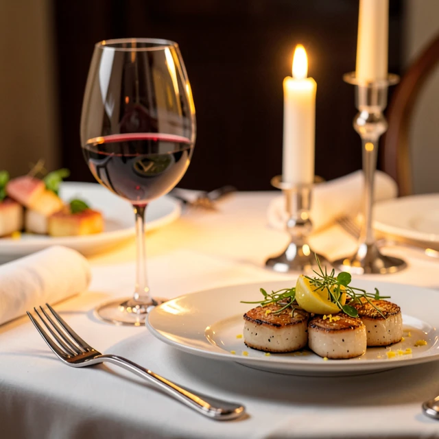 Elegant table setting showcasing advanced food and wine pairing with scallops and red wine